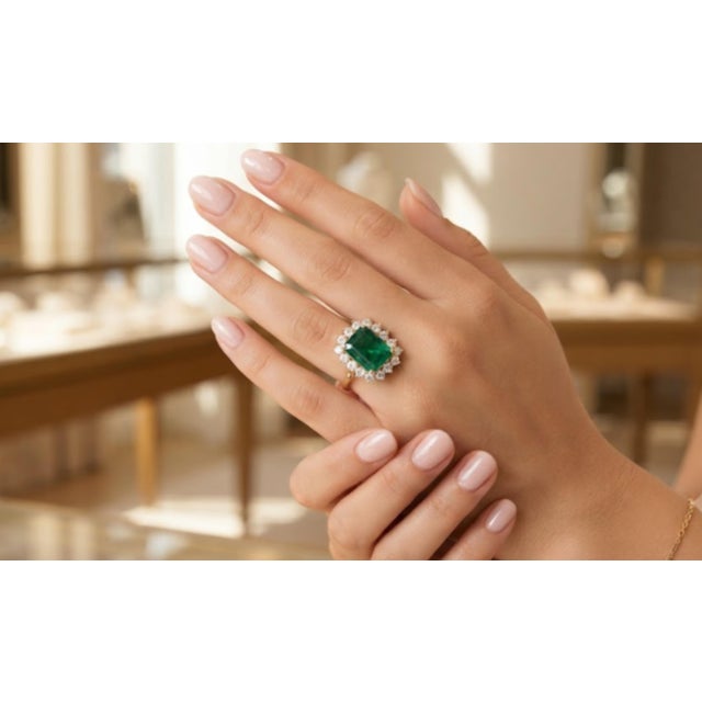 Metal Natural Emerald 6.54cts & Diamond 1.25cts Ring in 18k Gold For Sale - Image 7 of 8