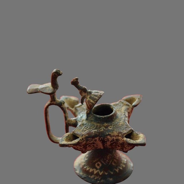 14th Century Islamic Copper Alloy Oil Lamp with Bird Handle For Sale - Image 6 of 9