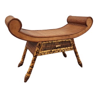 Decorative Burnt Bamboo Chinoiserie Style Bench For Sale