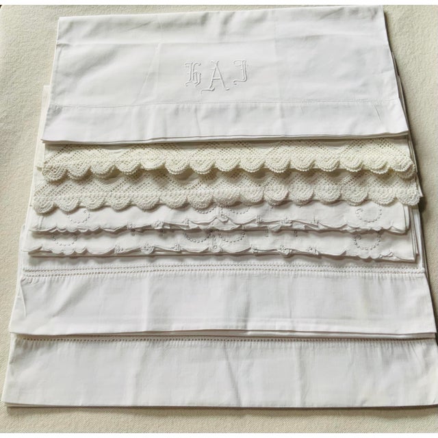 Set of 7 Antique Linen & Cotton Pillowcases With Lace Trim & Monogram — C. 1920s, Nantucket Estate For Sale - Image 16 of 18