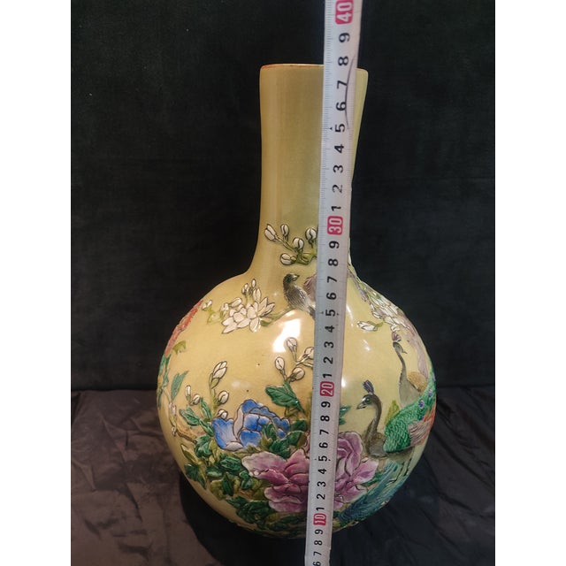 Chinese Ceramic Vase Qing Dynasty Qianlong Marked Yellow Ground Famille Rose Porcelain Tianqiu Vase Hand Carved Peacocks Pattern For Sale - Image 9 of 10