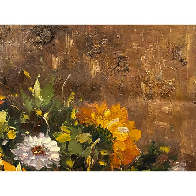 Impasto Oil Paint Canvas Art Sunflowers Blue Vase Scroll Painting For Sale In San Francisco - Image 6 of 9