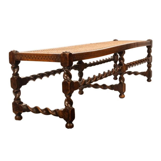 Late 19th Century Antique English Jacobean Carved Walnut Barley Twist Caned Long Bench Seat 1880 For Sale - Image 5 of 17