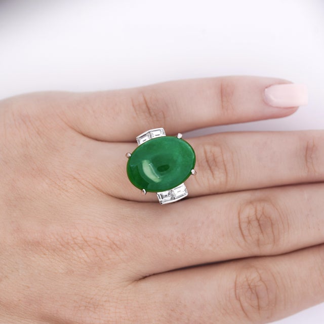 Metal 10.91 Carat Oval Jadeite Jade & Baguette Diamond Platinum Filigree Ring Size 6.5 For Sale - Image 7 of 7