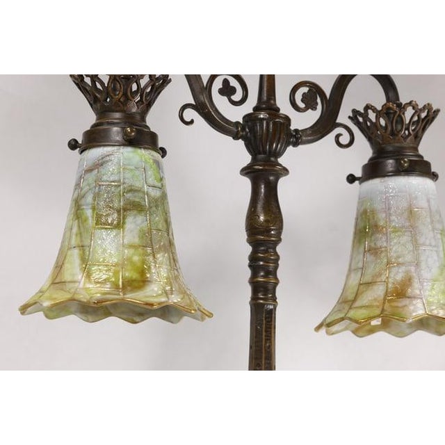 Metal 1910s Signed Oscar Bach Bronze 2-Light Table Lamp With Quality Art Glass Shades, Good Patina For Sale - Image 7 of 15