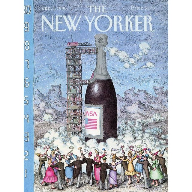 Original vintage New Yorker magazine cover dated January 1, 1990 featuring a New Years and NASA theme. Illustration by...