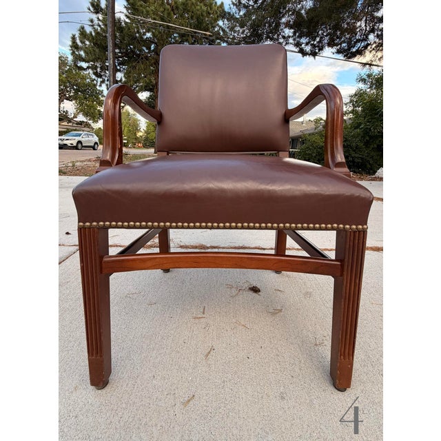 Set of 4 Vintage 1990s Gunlocke Georgian Style Brown Vinyl Armchairs For Sale - Image 16 of 18