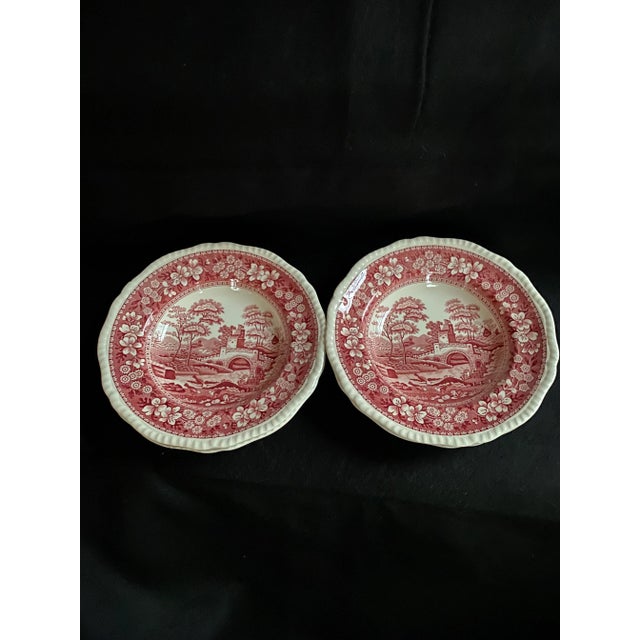 Spode Final Markdown. Rare Find; Spode “Pink Tower” Design; English Transferware Soup Plates. Set of 4 For Sale - Image 4 of 9