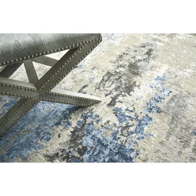 Wood Exquisite Rugs Cosmo Hand-Knotted New Zealand Wool & Bamboo Silk Silver/Blue/Ivory Rug-10'X14' For Sale - Image 7 of 8