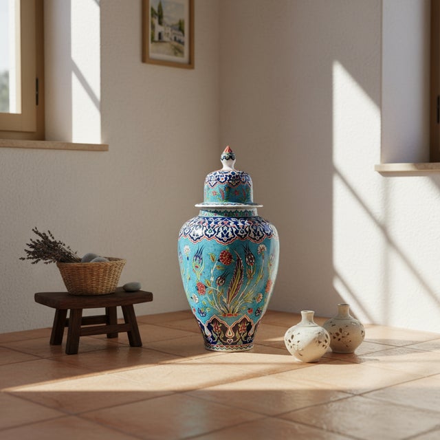 2020s Handmade Ceramic Grand Shah Vase with Lid (60cm) Turquoise Saz Leaf and Carnation For Sale - Image 5 of 8