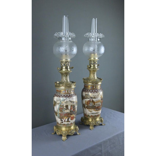 Late 19th Century Satsuma Porcelain and Bronze Oil Lamps, Japan, Set of 2 For Sale - Image 3 of 18