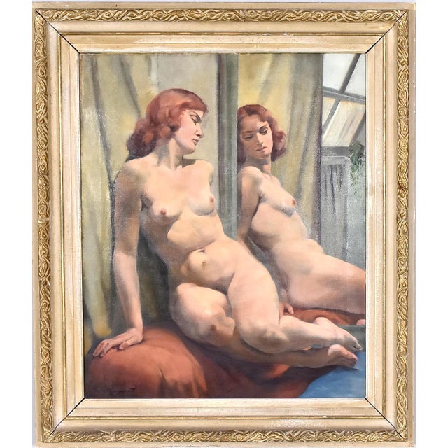 Original French Oil on Canvas – Sittande kvinna vid spegel – Philippe de Rougemont (1891–1965) – Signed – 73 × 60 cm...
