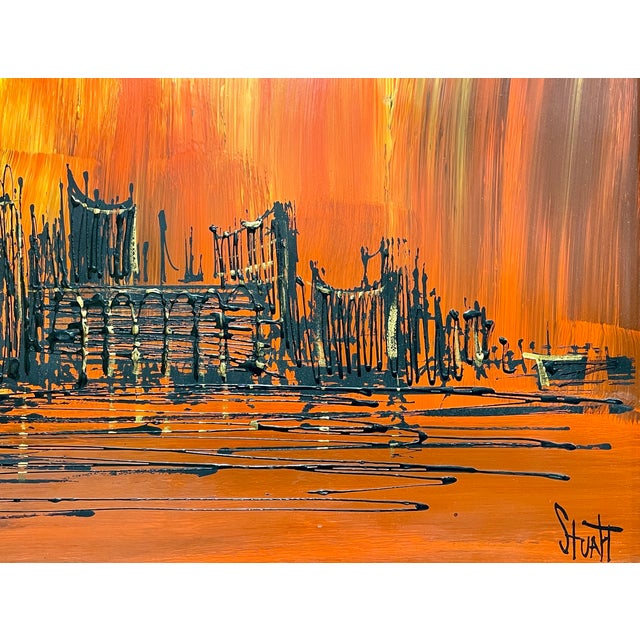 Orange Large Original Mid Century Modern Skyline Framed Artwork by Stuart, Ready to Hang For Sale - Image 8 of 11