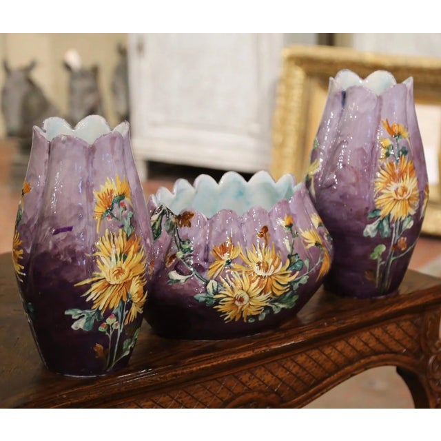 Ceramic 19th Century French Hand-Painted Barbotine Vases Signed P. Perret, Set of Three For Sale - Image 7 of 13