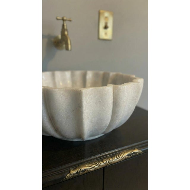 Stone Hand Carved White Marble Lotus Vessel Sink, Scalloped Flower Stone Bathroom Vanity Sink For Sale - Image 7 of 11