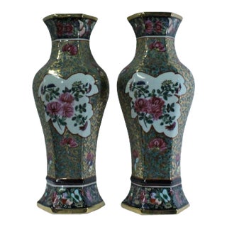 Ceramic Golden Base Enamel Flower Half Hexagon Wall Vases - a Pair For Sale