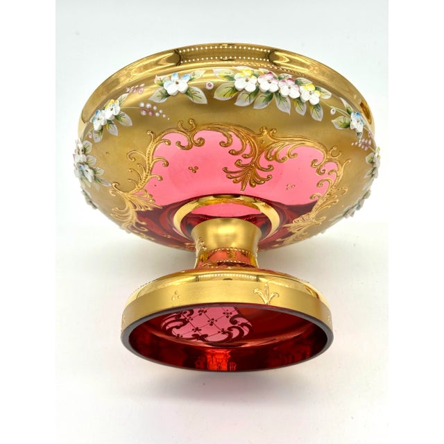 Moser Glassworks Antique Moser Bohemian Cranberry Glass Epergne Gold Gilt With Raised Enamel Floral Design For Sale - Image 4 of 11