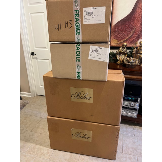 Silver Baker's Larimar Table Lamp, Satin Nickel Finish & Alabaster With White Linen Drum Shade For Sale - Image 8 of 18