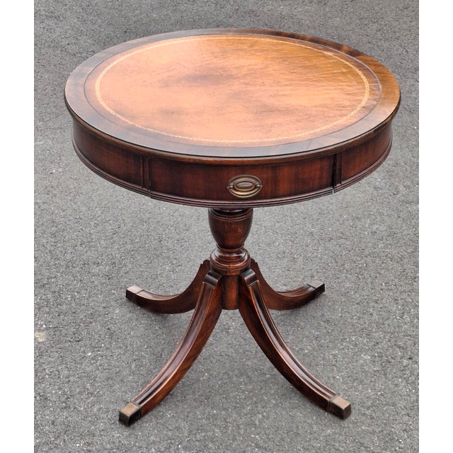 Traditional Brandt Mid-Century Regency Style Mahogany and Stenciled Leather Top Drum Table For Sale - Image 3 of 14