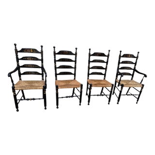Set of 4 Late 20th Century Stenciled High Ladder Back Chairs With Rush Seats by Hitchcock For Sale