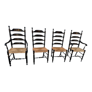Set of 4 Late 20th Century Stenciled High Ladder Back Chairs With Rush Seats by Hitchcock