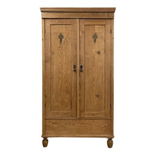 Antique European Pine Wardrobe Two Door Armoire Turned Feet, Natural Wood For Sale