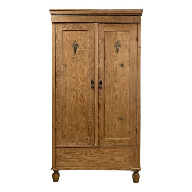 Antique European Pine Wardrobe Two Door Armoire Turned Feet, Natural Wood For Sale