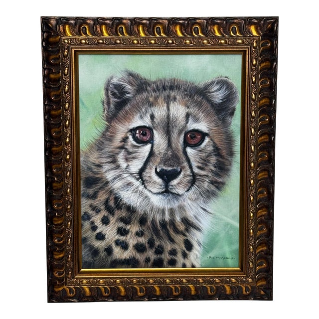 Cheetah Cub Oil Portrait on Canvas Signed by Pip McGarry – Framed British Wildlife Portrait Art For Sale