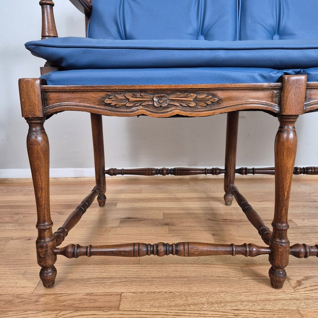 Mid 20th Century Mid 20th Century French Country Petite Walnut Ladder Back Settee Bench W/ Blue Faux Leather Cushions For Sale - Image 5 of 14