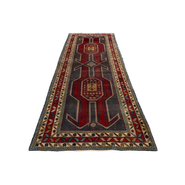 Traditional Vintage Caucasian Kazak Wool Runner Rug With Double Eagle Motif & Charcoal Field For Sale - Image 3 of 9