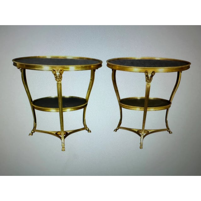 French 1980s Pair of French Doré Bronze Attributed to Gueridons With Rams' Heads and Belgian Marble Tops – Directoire Style For Sale - Image 3 of 12