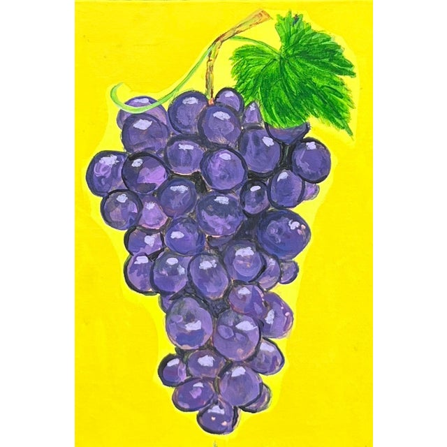 Original Grape Painting 5×7 – Purple Fruit Wall Art – Bold Yellow Background – Signed For Sale