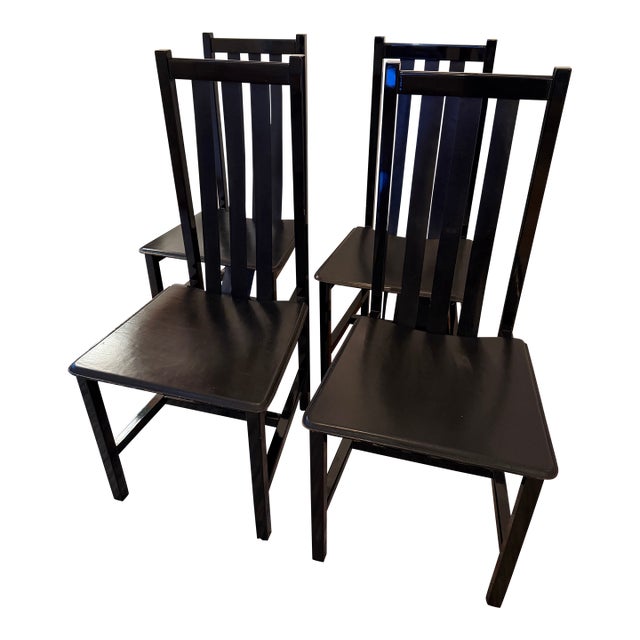 1980s Set of 4 Postmodern Black Wood and Leather Strap Dining Chairs For Sale