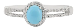 14k White Gold Diamond Turquoise Engagement Ring for Women Size 7