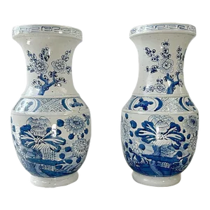 Contemporary Chinoiserie Porcelain Blue & Bone White Botanical Vases - a Pair