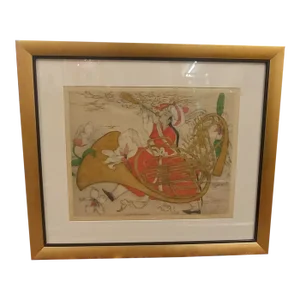 1950s Elyse Ashe Lord English Valve Horn #31/75 Colored Drypoint Wood Etching