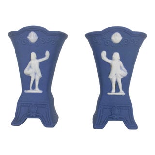 Vintage Blue and White Jasperware Mini Vases, Wedgwood Style Miniature For Sale