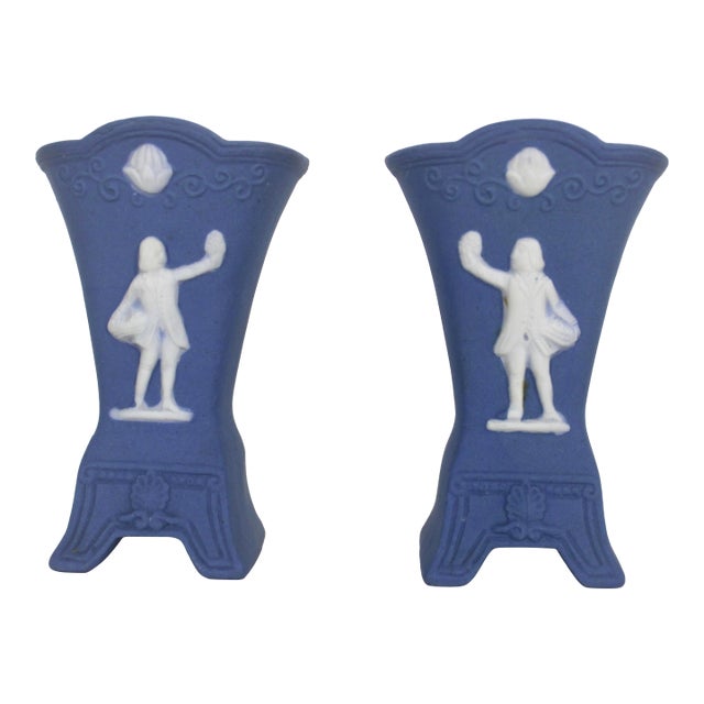 Vintage Blue and White Jasperware Mini Vases, Wedgwood Style Miniature For Sale