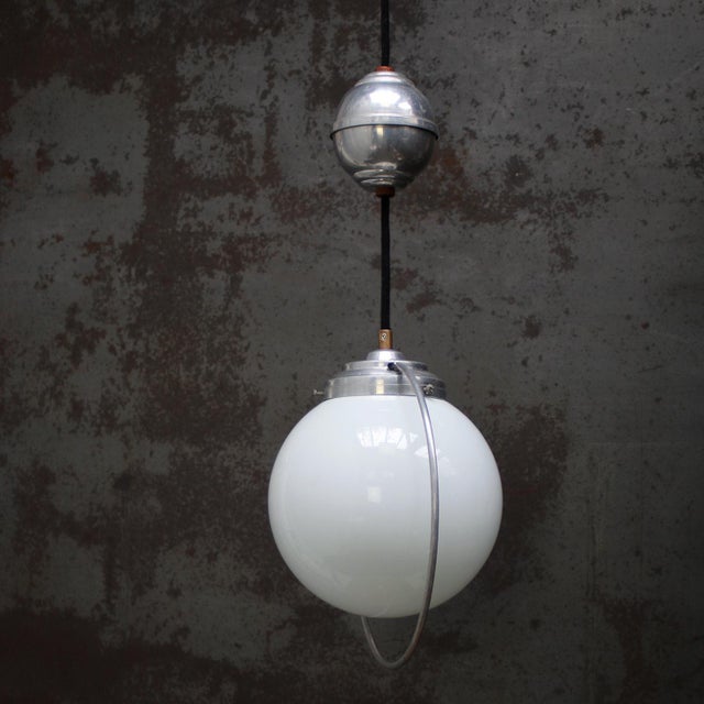 Mid-Century Modern French Adjustable Metal Pendant Lamp with White Opaline Globe, 1950s For Sale - Image 3 of 8