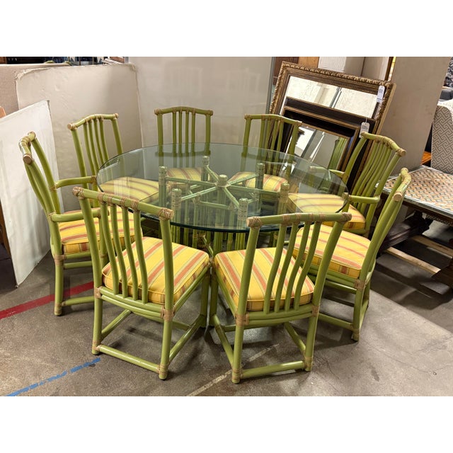 McGuire McGuire Furniture Pistachio Bamboo + Leather Dining Table + Set of Eight Chairs For Sale - Image 4 of 12