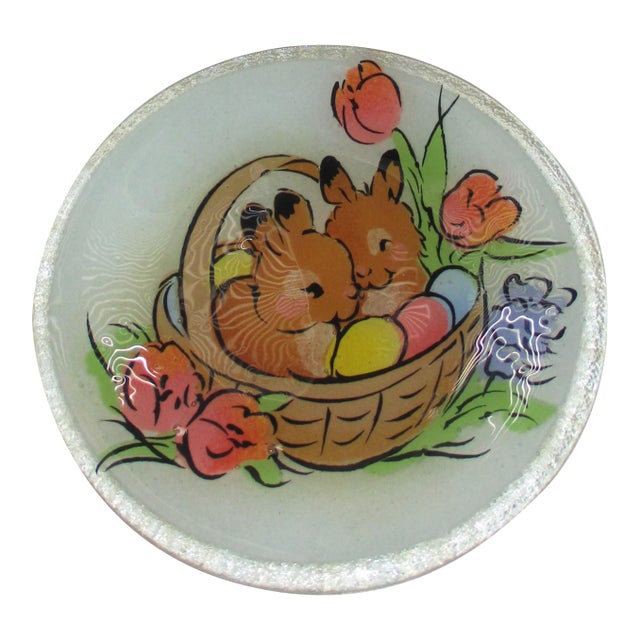Peggy Karr Easter Rabbits in Basket With Eggs Fused Glass Plate 8" Boxed For Sale