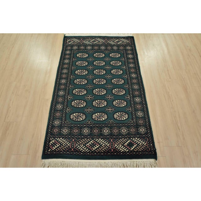 Cabin Bokhara Rug 3’7” X 5’11” Green Wool Tribal Hand-Knotted Oriental Carpet For Sale - Image 3 of 12