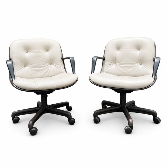 Cream Vinyl Faux Leather Steelcase 451 Swivel Chairs - a Pair For Sale