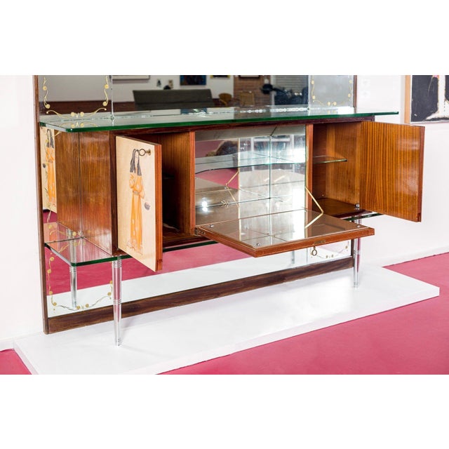 Mid Century Mirrored Bar Cabinet Credenza With Asian Motif, Made in Italy For Sale - Image 11 of 15