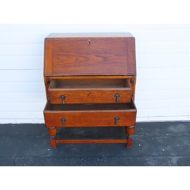 Early 1900s Solid Oak Leather Top Secretary Desk 6630 For Sale - Image 13 of 17