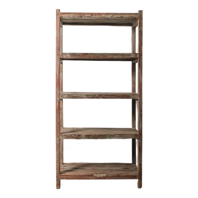 Vintage Wooden Open Shelving Unit With Slatted Shelves and Weathered Patina For Sale