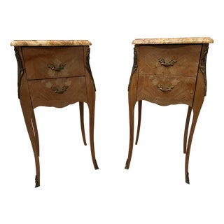 Louis XV Style Marquetry Bedside Tables with Marble Tops, Set of 2 For Sale