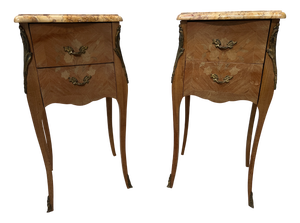 Louis XV Style Marquetry Bedside Tables with Marble Tops, Set of 2