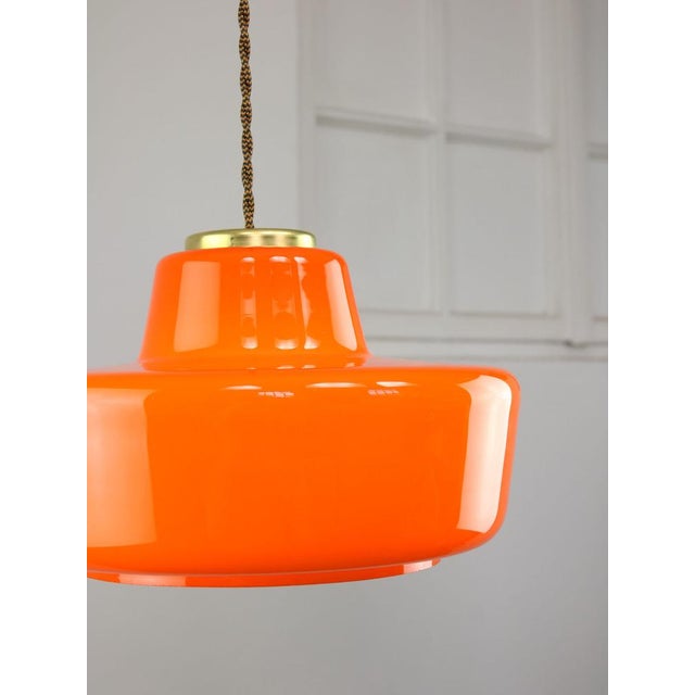 Metal Mid-Century Modern Italian Orange Glass and Brass Pendant Lamp For Sale - Image 7 of 15
