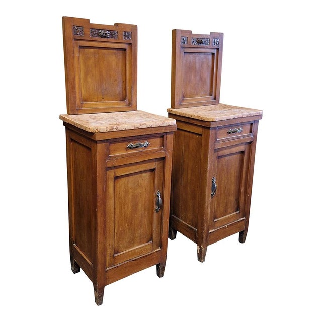 1920s Tall Wooden Bedside Tables with Marble Top, 1970s, Set of 2 For Sale - Image 5 of 14